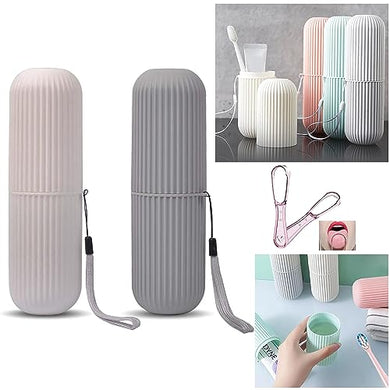 Travel TOOTHBRUSH Holder, MOUTHWASH Cup, TOOTHPASTE Holder & TONGUE Scraper -Carry Strap, Anti Slip Groove, Camping, Business Trip, Store Travel Make Up Brushes