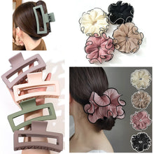 Load image into Gallery viewer, 4 MEGA CLAW CLIPS &amp; 4 CHIFFON SCRUNCHIES -HAIR CLAWS, Ponytail HAIR BOBBLES, Hair BANDS, 13cm CLAW CLIPS