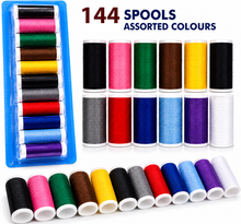 Load image into Gallery viewer, 144 ASSORTED THREAD SPOOLS -Embroidery Sewing Repairs, Crafting, Fabric Alteration &amp; Mending, Strong Thread For General Fabric Repairs, 12 Individual Packs WOW 144 Piece Set
