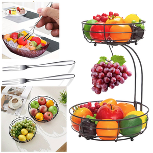 2 Tier Fruit Rack & 2 Fruit Forks - Wire Fruit Basket, Nordic Fruit Bowl, Wire Bread Basket, Decorative Woven Table Piece