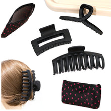 Load image into Gallery viewer, 2 BLACK Hair CLAW CLIPS &amp; 3 SATIN Hair SCRUNCHIES HAIR TIES -Ponytail HAIR BOBBLES, Hair BANDS, Large CLAW CLIPS (5pc Set)