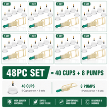 Load image into Gallery viewer, HK Online 48PC MASSAGE CUPPING THERAPY SET -Hijama Cupping Set, 20 LARGE Sports Massage Cups &amp; 4 SUCTION Pumps, Pain Relief, Lymphatic Drainage Boxed Set, 4 Pums, 20 Cups A2 67mm