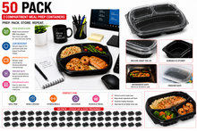 Load image into Gallery viewer, 50 Pack 3 SECTION MEAL PREP CONTAINERS &amp; LIDS -Plastic Food Containers, Takeaway BENTO Boxes, Home, Pub, Catering Kitchens, Reuseable, Microwave &amp; Freezer Safe (GIANT 50 MULTIPACK)