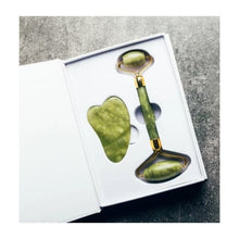 Load image into Gallery viewer, Marble JADE ROLLER &amp; GUA SHA Boxed Set &amp; 1 Kabuki Brush- Glow Boosting, De-Puffing, Deep Moisture Massage, Lifting &amp; Tightening