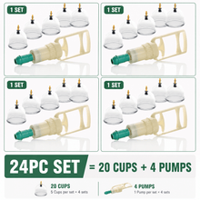 Load image into Gallery viewer, HK Online 48PC MASSAGE CUPPING THERAPY SET -Hijama Cupping Set, 20 LARGE Sports Massage Cups &amp; 4 SUCTION Pumps, Pain Relief, Lymphatic Drainage Boxed Set, 4 Pums, 20 Cups A2 67mm