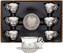 Load image into Gallery viewer, 6 PC Turkish Tea Set -6 Porcelain Cups, 6 Saucers, 6 Cup Holders With Handles -Artisan Turkish Coffee Cups, Stunning Coffee Set, Wedding Gift, Celebrations coffee