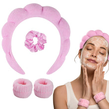 Load image into Gallery viewer, 3pc SPA HEADBAND WASHBAND SET -Pink Plush Headband, Face Wash Band &amp; Wristband, Skincare, Face Washing, Makeup Removal, Shower, Facial Mask
