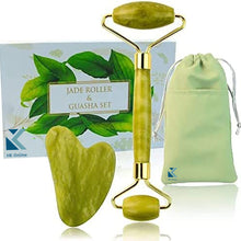 Load image into Gallery viewer, Marble JADE ROLLER &amp; GUA SHA Boxed Set &amp; 1 Kabuki Brush- Glow Boosting, De-Puffing, Deep Moisture Massage, Lifting &amp; Tightening