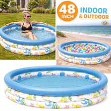Load image into Gallery viewer, 122cm x 25cm INFLATABLE 3 RING PADDLING POOL -140 Litre Capacity, 3 Interconnected Air Chambers With Valve. Thick, Soft Wall Paddling Pool (48" Pool x 10" High)