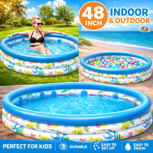 Load image into Gallery viewer, HK Online 122cm x 25cm INFLATABLE 3 RING PADDLING POOL -140 Litre Capacity, 3 Interconnected Air Chambers With Valve. Thick, Soft Wall Paddling Pool (48" Pool x 10" High)