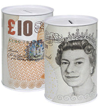 Load image into Gallery viewer, 2 £10 COIN TIN -Sterling Bank Note MONEY TIN -Piggy Bank, COIN Jar, Cash, SAVINGS Tin, 15 x 10cm Money Box, Birthday Money, Holiday &amp; Christmas Fund (Copy) (Copy)