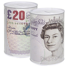 Load image into Gallery viewer, 1 £20 COIN TIN -Sterling Bank Note MONEY TIN -Piggy Bank, COIN Jar, Cash, SAVINGS Tin, 15 x 10cm Money Box, Birthday Money, Holiday &amp; Christmas Fund