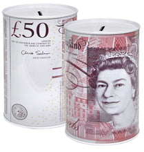 Load image into Gallery viewer, 4 COIN TINS £5, £10, £20, £50 -Sterling Bank Note MONEY TIN -Piggy Bank, COIN Jar, Cash, SAVINGS Tin, 15 x 10cm Money Box, Birthday Money, Holiday &amp; Christmas Fund (Copy) (Copy) (Copy)