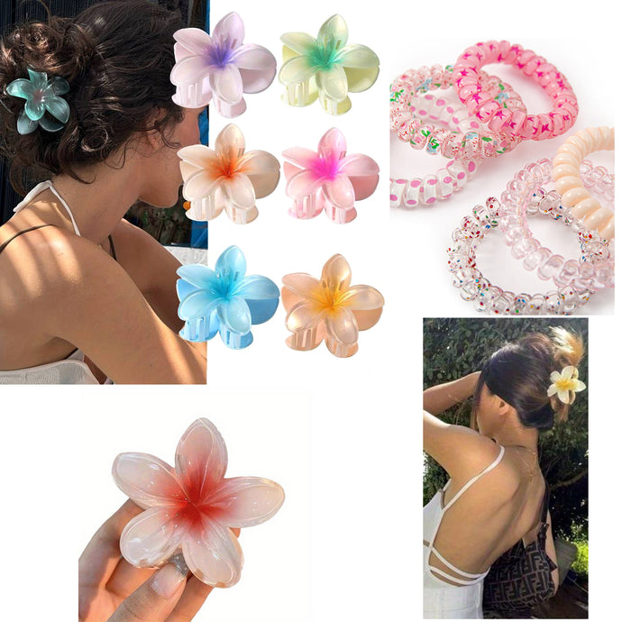 4 FLOWER CLAW CLIPS & 4 Hair SPIRALS -Elastic HAIR TIES, Ponytail HAIR BOBBLES, Hair BANDS, 8cm Large CLAW CLIPS