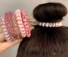 Load image into Gallery viewer, 4 FLOWER CLAW CLIPS &amp; 4 Hair SPIRALS -Elastic HAIR TIES, Ponytail HAIR BOBBLES, Hair BANDS, 8cm Large CLAW CLIPS