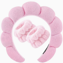 Load image into Gallery viewer, 3pc SPA HEADBAND WASHBAND SET -Pink Plush Headband, Face Wash Band &amp; Wristband, Skincare, Face Washing, Makeup Removal, Shower, Facial Mask