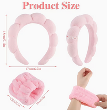 Load image into Gallery viewer, 3pc SPA HEADBAND WASHBAND SET -Pink Plush Headband, Face Wash Band &amp; Wristband, Skincare, Face Washing, Makeup Removal, Shower, Facial Mask