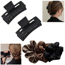 Load image into Gallery viewer, 2 BLACK Hair CLAW CLIPS &amp; 3 SATIN Hair SCRUNCHIES HAIR TIES -Ponytail HAIR BOBBLES, Hair BANDS, Large CLAW CLIPS (5pc Set)
