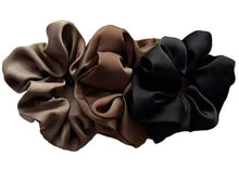 Load image into Gallery viewer, 2 BLACK Hair CLAW CLIPS &amp; 3 SATIN Hair SCRUNCHIES HAIR TIES -Ponytail HAIR BOBBLES, Hair BANDS, Large CLAW CLIPS (5pc Set)