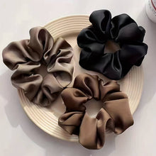 Load image into Gallery viewer, 2 BLACK Hair CLAW CLIPS &amp; 3 SATIN Hair SCRUNCHIES HAIR TIES -Ponytail HAIR BOBBLES, Hair BANDS, Large CLAW CLIPS (5pc Set)