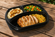 Load image into Gallery viewer, 100 Pack 3 SECTION MEAL PREP CONTAINERS &amp; LIDS -Plastic Food Containers, Takeaway BENTO Boxes, Home, Pub, Catering Kitchens, Reuseable, Microwave &amp; Freezer Safe (GIANT 100 MULTIPACK)