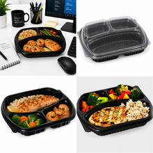 Load image into Gallery viewer, 100 Pack 3 SECTION MEAL PREP CONTAINERS &amp; LIDS -Plastic Food Containers, Takeaway BENTO Boxes, Home, Pub, Catering Kitchens, Reuseable, Microwave &amp; Freezer Safe (GIANT 100 MULTIPACK)