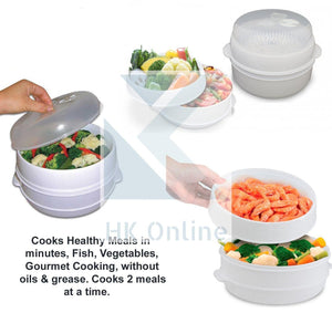 2 Tier MICROWAVE STEAMER -Cook 2 Meals in One, Fish, Vegetables, Gourmet Cooking