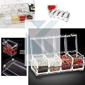 Set 4 Clear Lidded ACRYLIC SPICE JAR SET -GOURMET Seasoning Set, Condiment Jars & Spoons