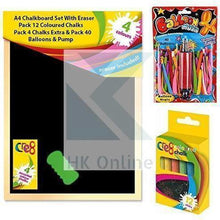 Load image into Gallery viewer, A4 CHALKBOARD Set with ERASER -PK12 COLOURED RAINBOW CHALKS, PK40 BALLOONS &amp; PUMP Includes Extra PK4 Chalks