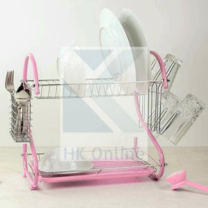 2 Tier DISH DRAINER -Counter Top Dish Rack, Mug & Cutlery Holder, Drip Tray PINK 56 x 29 x 35cm