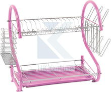 Load image into Gallery viewer, 2 Tier DISH DRAINER -Counter Top Dish Rack, Mug &amp; Cutlery Holder, Drip Tray PINK 56 x 29 x 35cm