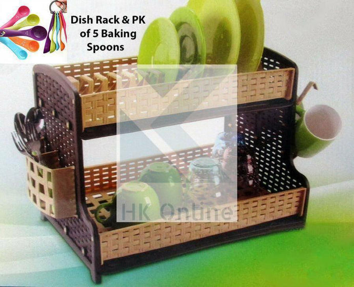 2 Tier Galaxy RATTAN DISH DRAINER -Drip Tray, Cup Hooks, Cutlery Rack & PK5 Baking SPOONS