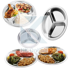 Load image into Gallery viewer, Tri Section PORTION CONTROL DIVIDER PLATE -Stainless Steel, Thali, Picnic, Camping, BBQ 26cm