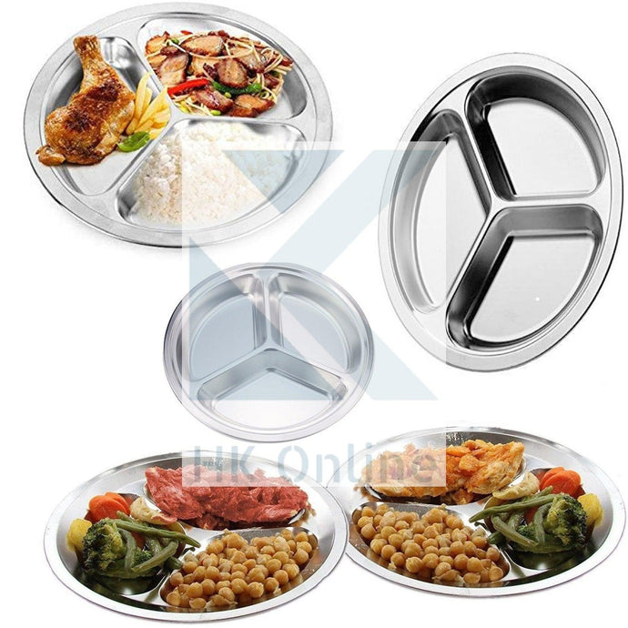 Tri Section PORTION CONTROL DIVIDER PLATE -Stainless Steel, Thali, Picnic, Camping, BBQ 26cm