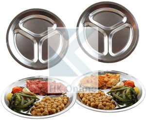 Tri Section PORTION CONTROL DIVIDER PLATE -Stainless Steel, Thali, Picnic, Camping, BBQ 26cm